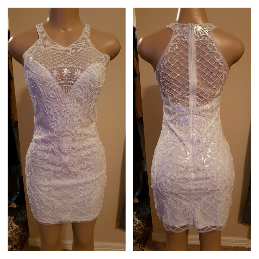 Ivory Beaded Mesh Halter Dress